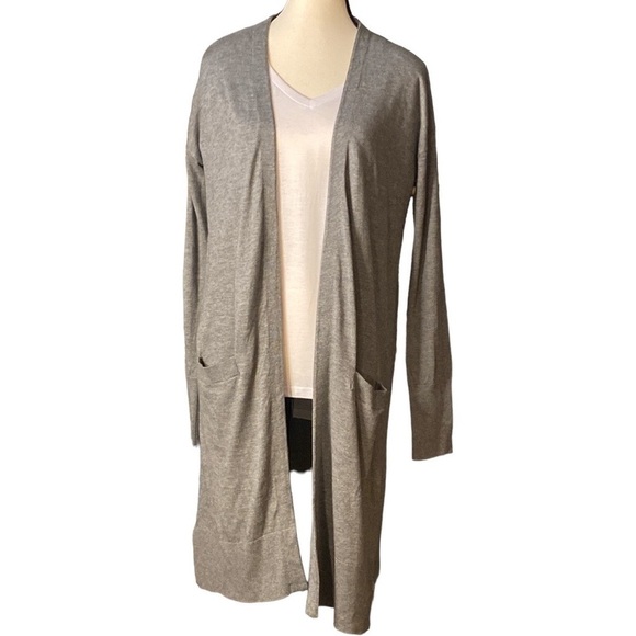 HALOGEN- grey cashmere blend lightweight open front longline cardigan w/pockets - Picture 7 of 14